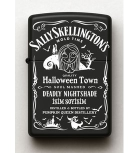 Sally Skellington Desenli Kişiye Özel İsimli Siyah Benzinli Metal Çakmak