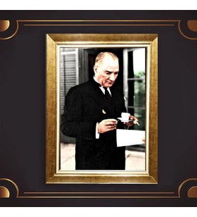 Altın Varaklı Çerçeveli Paspartulu Atatürk Tablo nl02A402 (Gold)