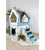 Mavitrend Ahşap Büyük Kedi Evi XXL Açık Teraslı Model 5 Kg Üstü Kediler İçin Mavi - Beyaz Renk