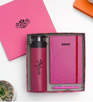 Kişiye Özel Cam Suluk, Defter Kalem Hediye Seti - Fuşya Premium Hediye Seti