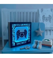 Kişiye Özel Melek Kanadı ve Kalp Tasarımlı Işıklı Gece Lambası Mavi