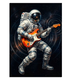 Uzayda Elektro Gitar Çalan Astronot Dekoratif Kanvas - Mdf Ahşap Tablo