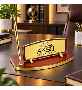 BK Gift Kişiye Özel Kalemli Ahşap Masa İsimliği Gold Plakalı BK26 -3