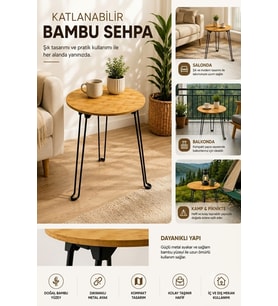 Katlanır Metal Ayaklı Bambu Tepsi Çok Amaçlı Sehpa 44 Cm