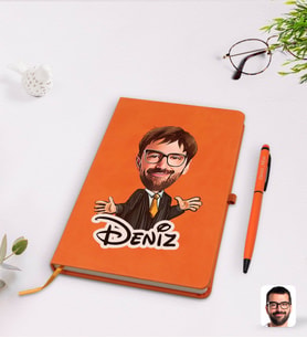 BK Gift Kişiye Özel Erkek Avukat Karikatürlü Turuncu Termo Deri Defter Kalem Seti Model 3
