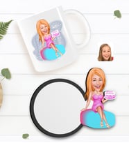 BK Gift Kişiye Özel Kadın Doğum Günü Karikatürlü Beyaz Kupa ve Ahşap Bardak Altlığı Hediye Seti-2