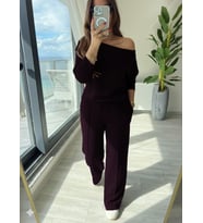 Kadın Uzun Kollu Tek Omuzdan Açık Modal Bluz Ve Pantolon Ikili Mürdüm Takım