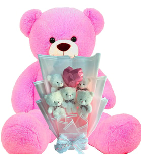 Premium 90 cm Peluş Ayı ve Kalp Balonlu Romantik Pembe Peluş Ayıcık Buketi (Fuşya)