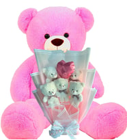 Premium 90 cm Peluş Ayı ve Kalp Balonlu Romantik Pembe Peluş Ayıcık Buketi (Fuşya)