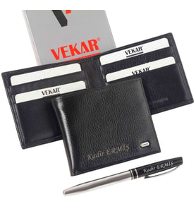 Kişiye Özel Vekar Deri Erkek Cüzdanı İnce Tasarımlı Siyah V002