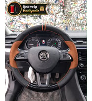 Skoda Fabia Mk3 Dikme Direksiyon Kılıfı Delikli Deri Parlak Siyah Taba Detay Çift Yüzük ve Dikiş 2014-2021