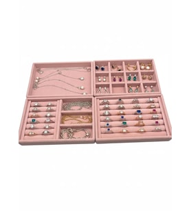 Ankara Model Süet Kumaş Pembe Renk 22/14 cm 4 lü Takım Çekmeçe İçi Takı Standı
