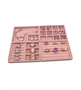 Kiev Model Süet Kumaş Pembe Renk 22/14 cm 4 lü Takım Çekmeçe İçi Takı Standı