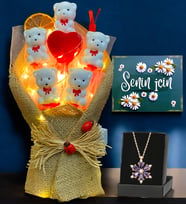 Led Işıklı Tasarım Buket ve Gerçek Ametist Taşlı Lotus Kolye  Premium Hediye Seti (Model 1)