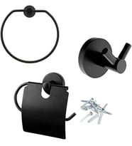 Siyah Metal Sağlam Aparat Vidalı Lavabo Banyo Wc Bez Havlu Çatal Askı Tuvalet Kağıtlık 3'lü Set