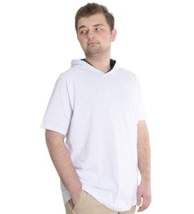 Mode XL Büyük Beden Erkek T-shirt Kapşonlu Kısa Kol 23118 Beyaz