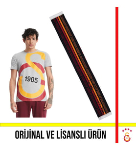 Galatasaray Lisanslı Büyük Logolu Gri T-Shirt ve Siyah Çizgili Şal Atkı