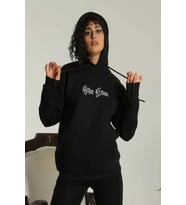 Sırt Baskılı Oversize Üç İplik Kapüşonlu Sweatshirt - Siyah