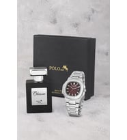 Polo Air Takvimli Erkek Kol Saati Ve 55ml Parfüm Hediyelik Kutusunda Siyah Set Gümüş Bordo Renk ST-5009E8 (Kırmızı-Gümüş)
