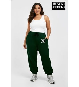 Kadın Büyük Beden N Logolu Paça Lastikli Rahat Kesim Jogger İnce Eşofman Altı SPR26BEAK951-4 (Koyu Yeşil)