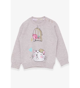Breeze Kız Çocuk Sweatshirt Simli Kedicik Baskılı 1.5-5 Yaş, Bej Melanj