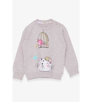 Breeze Kız Çocuk Sweatshirt Simli Kedicik Baskılı 1.5-5 Yaş, Bej Melanj