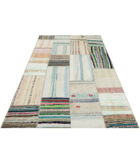 Bej Renkli Patchwork Desenli El Dokuma Yün Pamuk Pürüzlü Yüzey Salon Kilimi Koridor