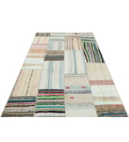 Bej Renkli Patchwork Desenli El Dokuma Yün Pamuk Pürüzlü Yüzey Salon Kilimi Koridor