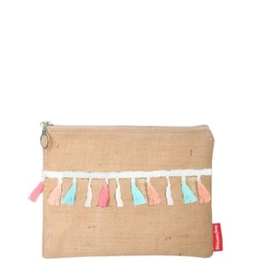 Baghashtag Fosforlu Renkli Pon Pon Püsküllü Jüt Clutch Bez Çanta (Kahverengi)