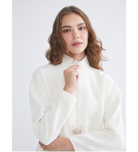 LCW Modest Bej Dik Yaka Nakışlı Polar Kadın Sweatshirt Tunik