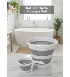 2’li Katlanır Akordiyon Kova & Maşrapa Seti – Yer Tasarruflu, Gri-Beyaz Renk