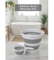 2’li Katlanır Akordiyon Kova & Maşrapa Seti – Yer Tasarruflu, Gri-Beyaz Renk