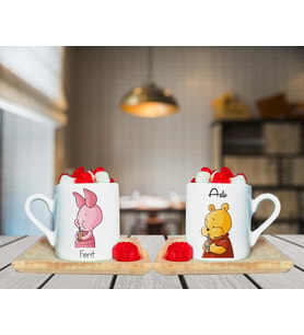 Winnie The Pooh Arkadaş Tasarımlı Çift Ahşap Tabaklı Kişiye Özel Türk Kahvesi Fincanı Seti