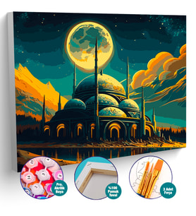 Sayılarla Boyama Çerçeveli Tuval Hobi Seti Fırça Boya Dahil Camii Gece Dolunay