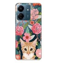 Xiaomi Redmi 13C Uyumlu Kedi ve Çiçek Desenli Şeffaf Telefon Kılıfı