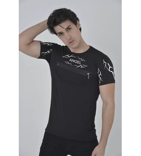 Unisex Göğüs Fermuarlı Baskılı T-Shirt - Siyah