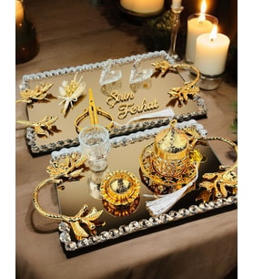 Amour Gold Lüks Swarovski Söz Nişan Tepsisi  (Gold)