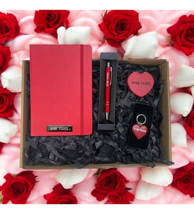 🎁 Kişiye Özel Termo Deri Kenar Boyalı Defter&Tükenmez Kalem&Kalp Anahtarlık&Kalp Ayna Hediye Set 🎁