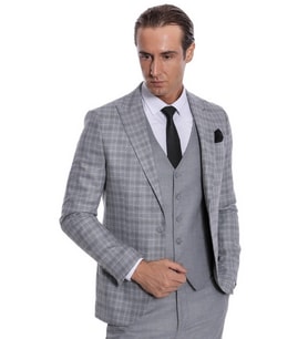 Ekose Ceketli Slim Fit Açık Gri Erkek Takım Elbise - Wessi