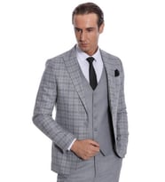 Ekose Ceketli Slim Fit Açık Gri Erkek Takım Elbise - Wessi