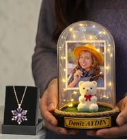 Fotoğraflı & Yazılı Led Işıklı Fanus ve Gerçek Ametist Taşlı Lotus Kolye Sevgiliye Anlamlı Hediye (Model 3)