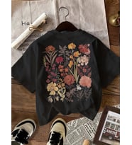 Çiçek Baskılı Tasarım Tshirt (Siyah)