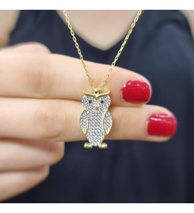 Uzun Baykuş Gold Kaplama 925 Ayar Zirkon Taşlı Gümüş Kolye (Karışık)