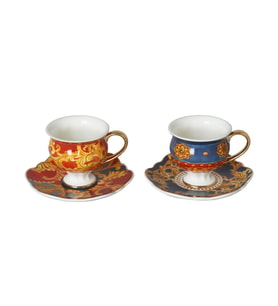 Lucky Art Florance Bone China Porselen Mavi Kırmızı Desenli Ayaklı 2 li Kahve Fincanı Seti LYHD 614