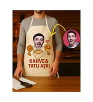 Kişiye Özel Karikatür Fotoğraflı ve İsimli Mutfak Önlüğü Kahve Tatlı Aşkı (Krem)