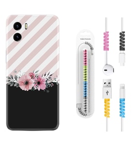 Vivo Y15S Y32 Y33S Y51 Y53S Kılıf Kablo Koruma Spiral Silikon Strip Pink Flowers 1396