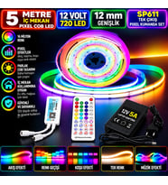5M 12V 12mm 720 Ledli İç Mekan Pixel Cob Led 5A Laptop Adaptör SP611 Tek Çıkış Pixel Kumandalı Set