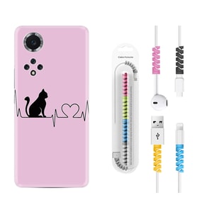 Huawei Nova Y70 Y90 Nova 9 SE  Kılıf Kablo Koruma Spiral Silikon Pink Cat Heart 1303