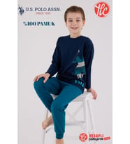 U.S. Polo Assn. Erkek Çocuk Logolu Lacivert %100 Pamuklu Uzun Kollu Paça Lastikli Pijama Takım