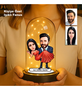 Kişiye Özel Çift Karikatür Fanus  Sevgili ve Evlilere Özel Işıklı Biblo